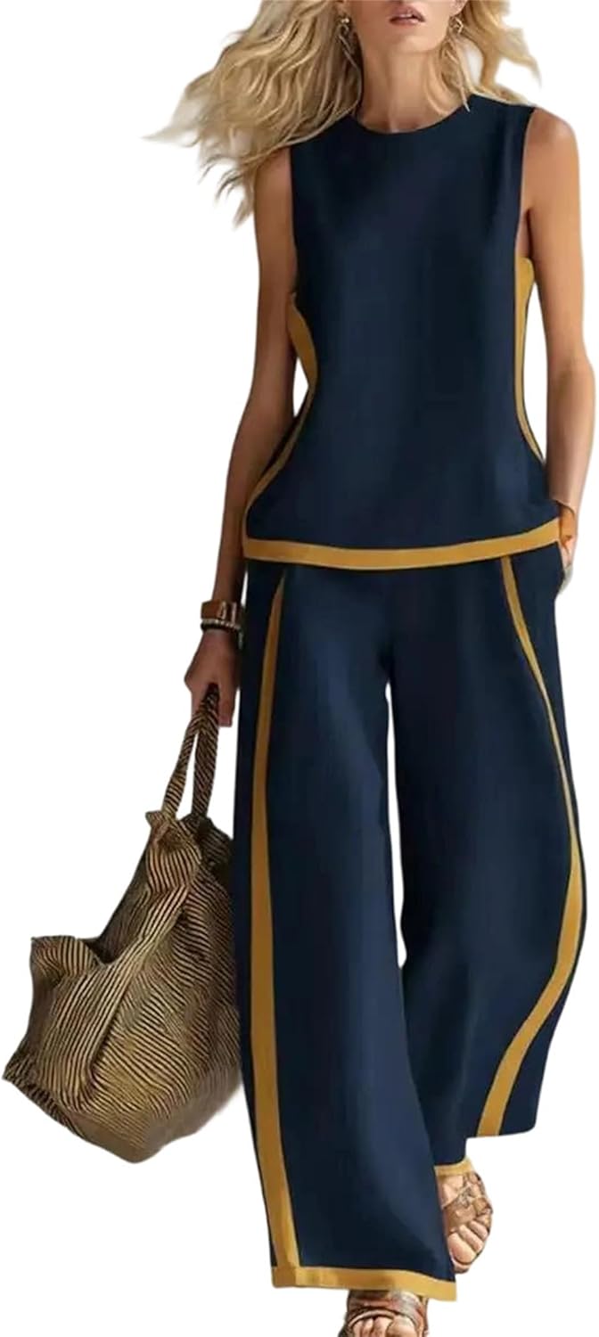 Women Sleeveless Top And Wide Leg Pants Set Casual Outfit Summer Casual Two Piece