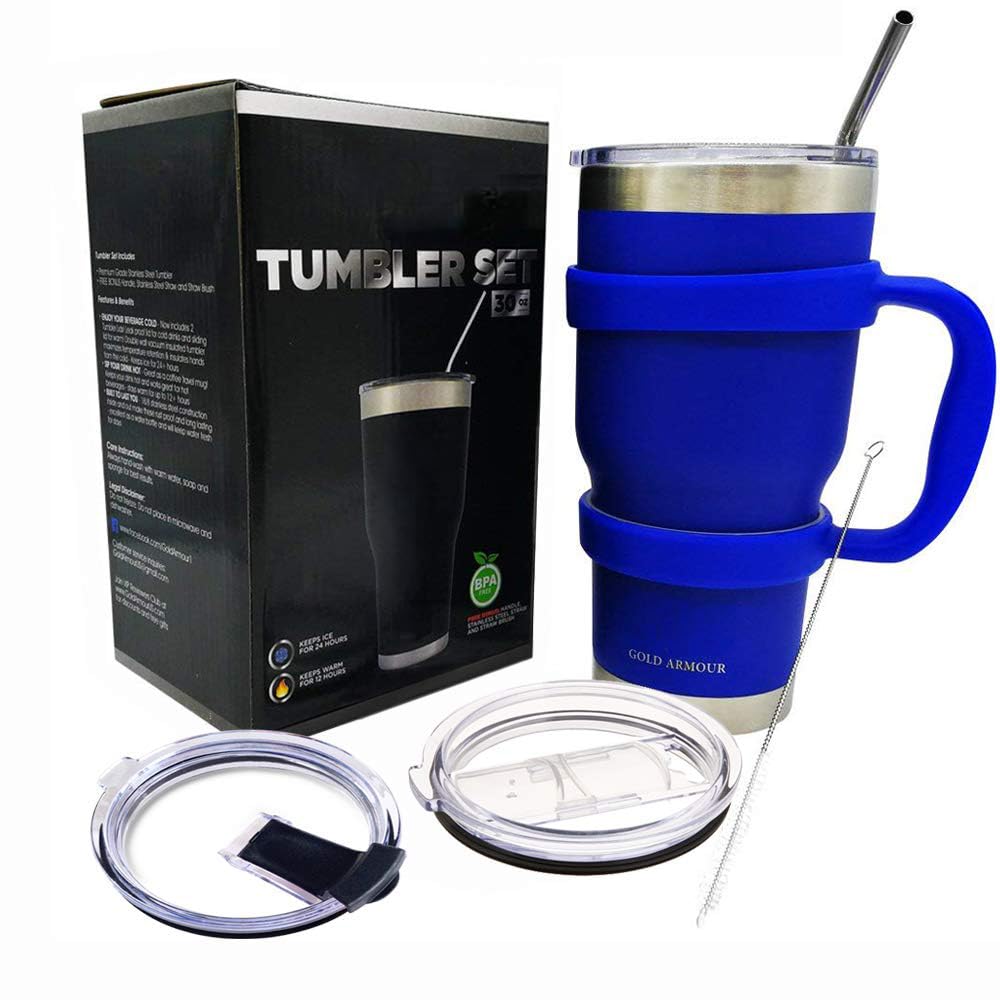 Gold Armour 30 oz Tumbler - 6 Piece Stainless Steel Insulated Water & Coffee Cup Tumbler with Straw, 2 Lids, Handle, Straw - 18/8 Double Vacuum Insulated Travel Flask (Blue)