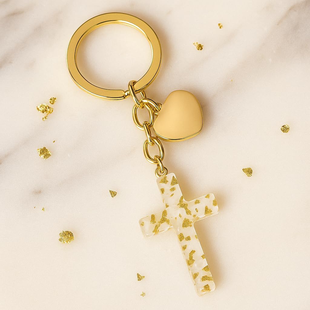 Cross Keychain –Valentines Keychains with Gold Foil Accents, Beige Heart for Women Bag Charms, Cool Key Chains Gifts for Christians, Women & Faith Lovers - Image 2