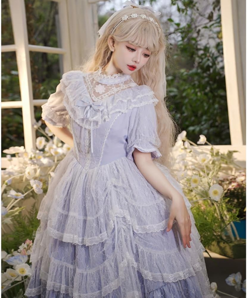 Women Elegant Court Dress Light Purple Lolita Dress Palace Style Dress Lace Ruffled Big Swing Dresss