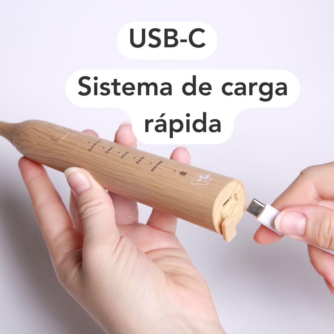 Cepillo de dientes sónico LULA: eficaz eliminación de placa y limpieza suave. Incluye 2 cabezales de cambio de bambú sostenibles, carga rápida con USB-C para hasta 8 semanas de duración de la batería.