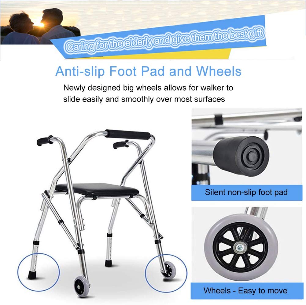 Andador plegable para ancianos con asiento y 2 ruedas, andador vertical ligero, altura ajustable para interiores y exteriores