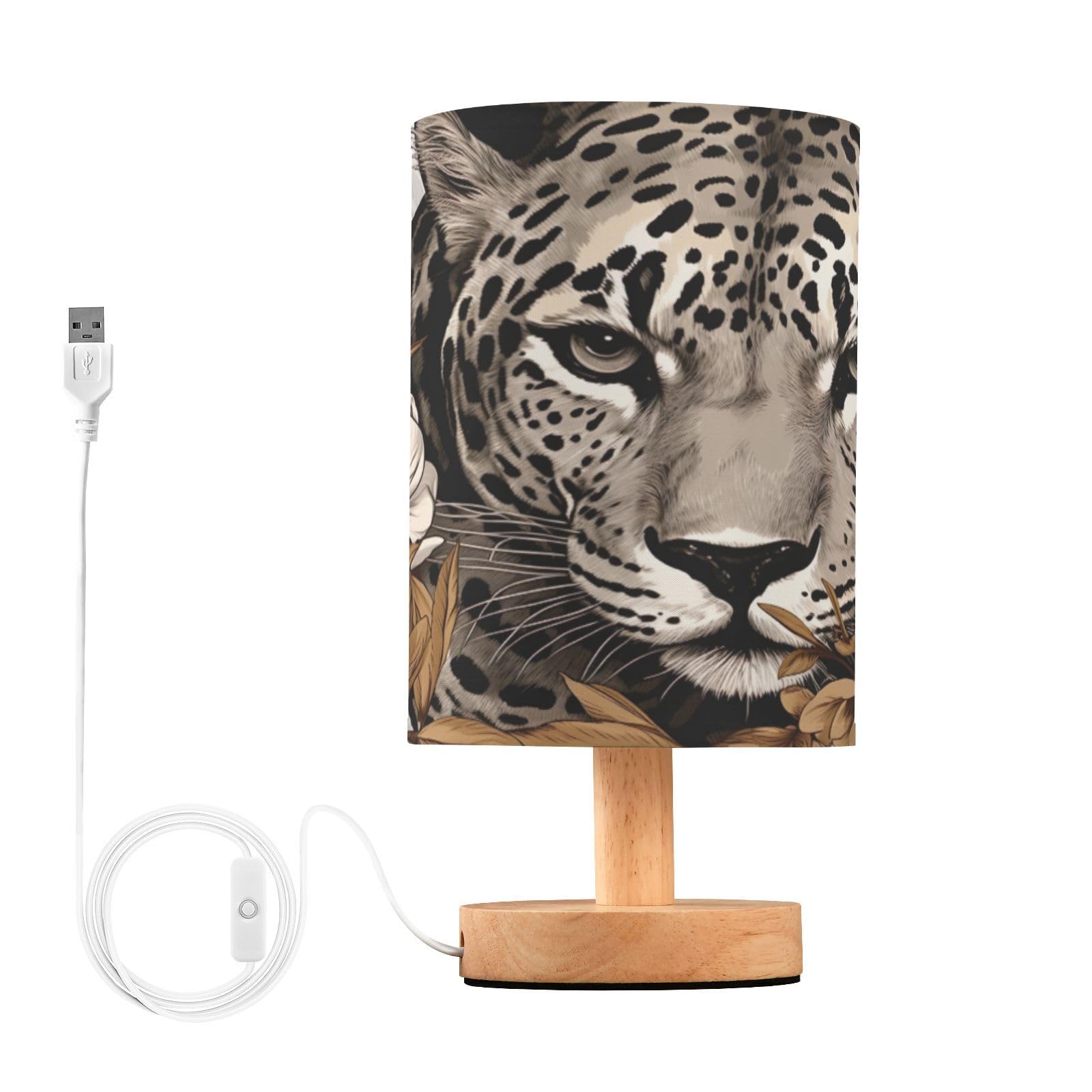 SDMKA Leopard and Flowers Bedside Table Lamp for Bedroom, Minimalist Nightstand Lamp with Round Fabric Shade for Living Room, Office, No Bulb Required