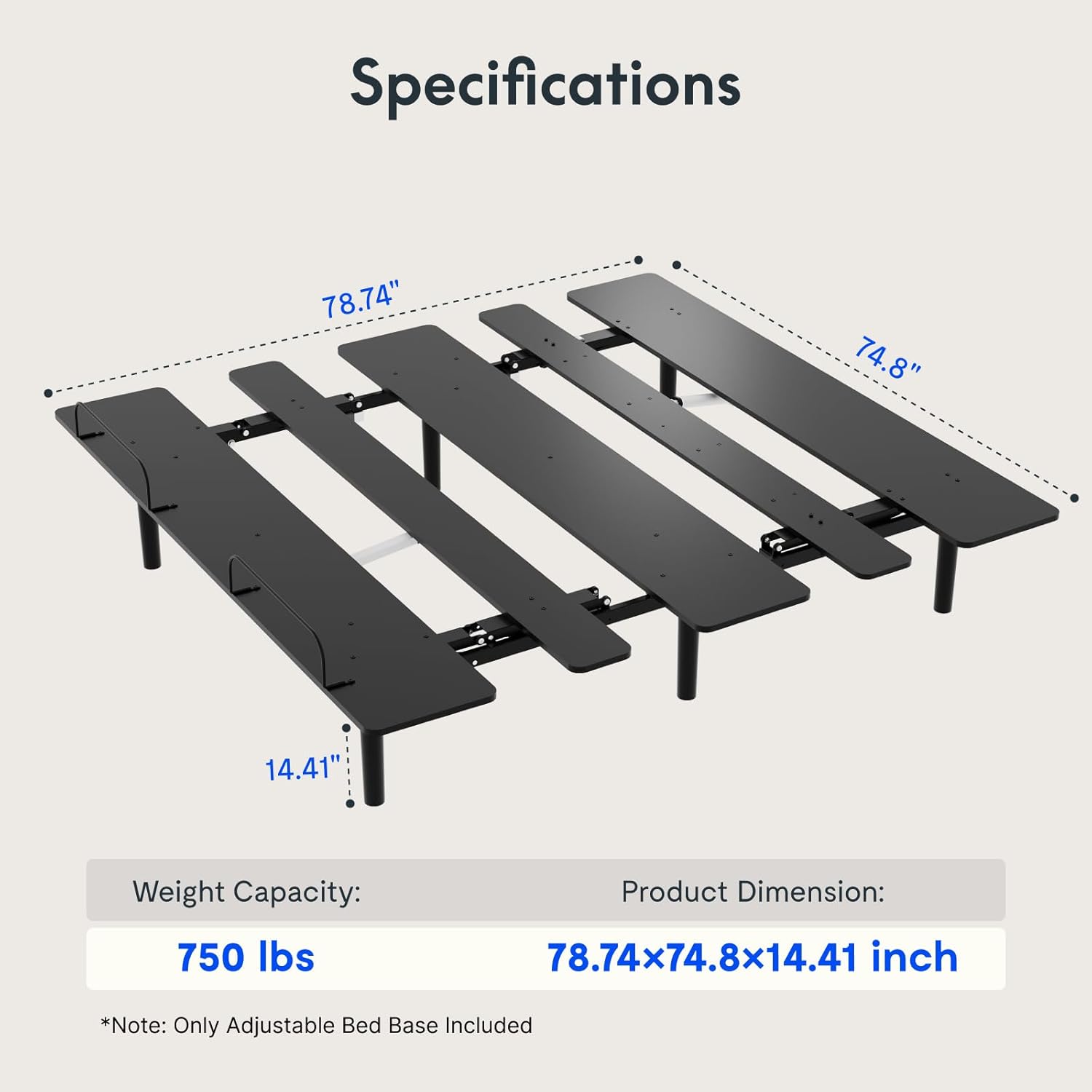 Diagram showing the dimensions of the FLEXISPOT S3K-Lite King Size Adjustable Bed Frame Base: 78.74 inches length, 74.8 inches width, 14.41 inches height, and a weight capacity of 750 lbs.