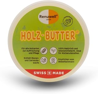 Renuwell Holz-Butter 100 ml mit Bienenwachs, lebensmittelecht | Intensiv-Pflege für alle Holzarten, 100 % natürliche Inhaltsstoffe, hochwertiger Holzbalsam, Schweizer Qualität