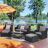 HEYNEMO Outdoor Patio Furniture Sets, 8 Pieces Outdoor Sectional Rattan Sofa Set, Black PE Wicker Patio Conversation Sets with Gray Washable Cushion and Tempered Glass Table