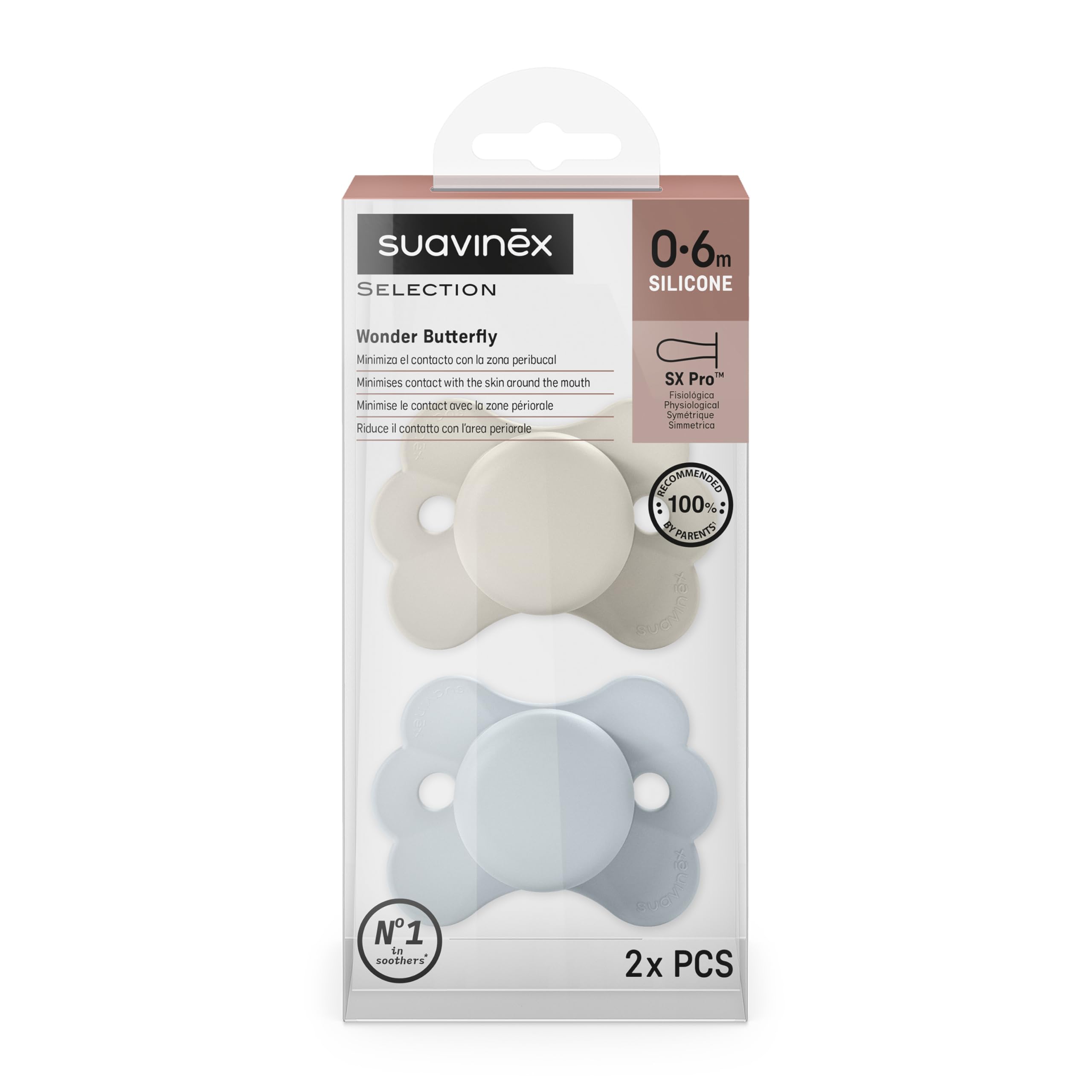 Suavinex, Pack 2 Chupetes con Tetina Fisiológica de Silicona SX Pro, Tetina Simétrica, Plana y Flexible, Bebés 0/6 Meses y Recién Nacidos, Respeta el Desarrollo Bucodental, Wonderland Azul/Beige — view 2