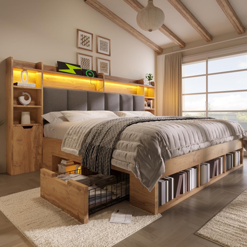 Cama de 180 x 200 cm con cajones, iluminación LED, puertos USB y Type-C, cama de 180 x 200 cm con somier de láminas de madera, estructura de cama de matrimonio con almacenamiento, roble, cabecero