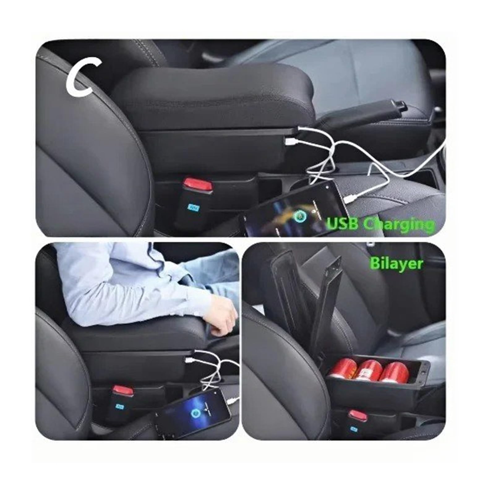 Bracciolo portaoggetti universale per auto, in pelle, con porta USB