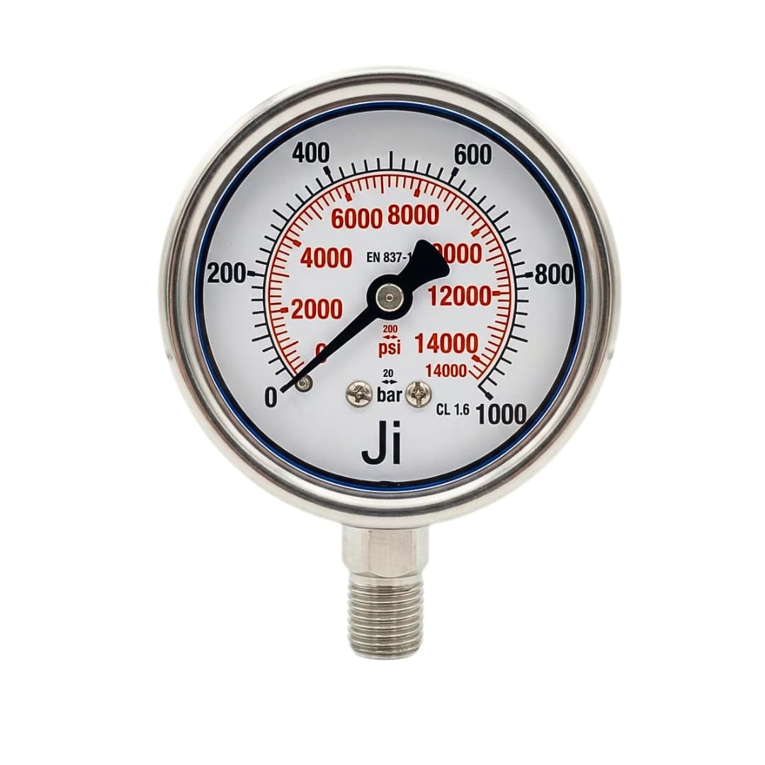 "ji" japsin instrumentation industrial pressure gauge (gly), dial 2 1/2" (63 mm) range 0 to 1000 bar with dual scale of 14400 psi, direct mounting bottom entry 1/4" npt (m) connection, ss body