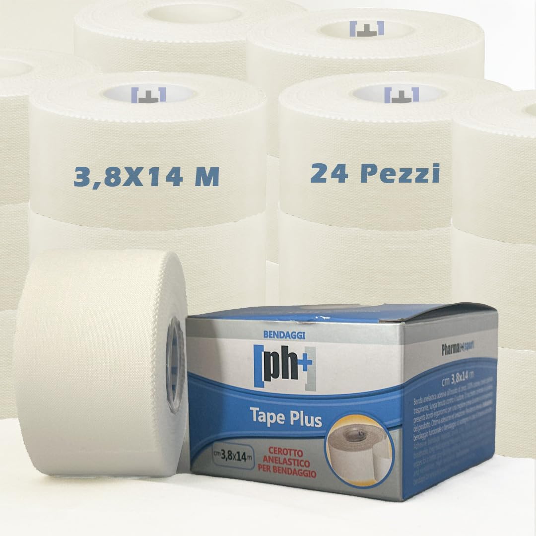 Tape Sportivo Anelastico 3,8 cm x 14 m - Nastro Protettivo Ipoallergenico per Articolazioni e Muscoli, Adesione Forte - Bianco Conf 24 Pezzi
