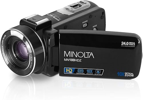 Minolta Videocámara: video Full HD de 1080p, fotos de 24MP, zoom óptico de 10x, zoom digital de 36x, estabilización óptica, pantalla táctil de 3