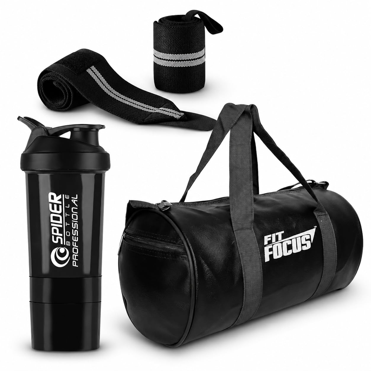 fit focus 𝟯-𝗶𝗻-𝟭 𝗚𝘆𝗺 𝗖𝗼𝗺𝗯𝗼 𝗞𝗶𝘁 | Leather Gym Duffle Bag with 700ml Protein Shaker Bottle & Wrist Support Wraps | Workout, Fitness, Training, Sports & Travel for Men & Women (Black)-picture-23