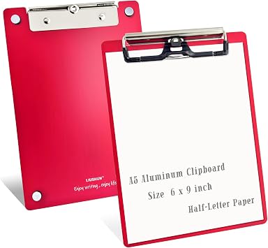 Small Aluminum Clipboard w/Back Magnetic A5 Metal Fixed Magnet Clip Board | Memo Hangable Pen Holder Half Letter 6 x 9 Clipboards for Cooking Recipe Splints Message Board Forklift Factory Red, A5