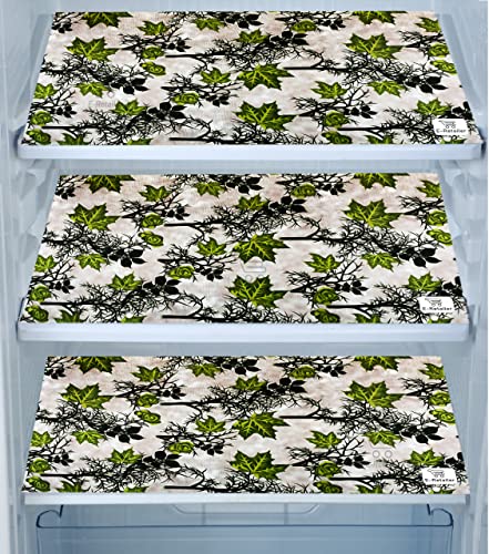 Image of E-RetailerCombo Set of Flower Print 1 Pc Fridge Top Cover with 6 Utility Pockets And 3 Pc Fridge Mats (Green, Set of 4) (1FC3FM-GRPFLW-GRN)