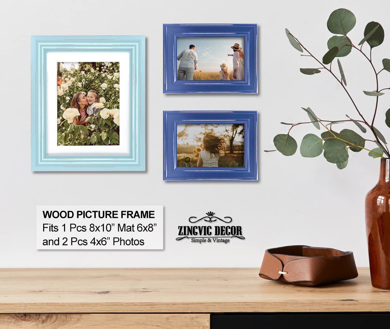ZingVic Better Price on Bulk Purchases, 2 Pcs 4x6 inch Navy Blue and 1 Pcs 8x10 inch Mat for 6x8 inch Soft Blue Color Wood Picture Frames, Wonderful Choice for Gift