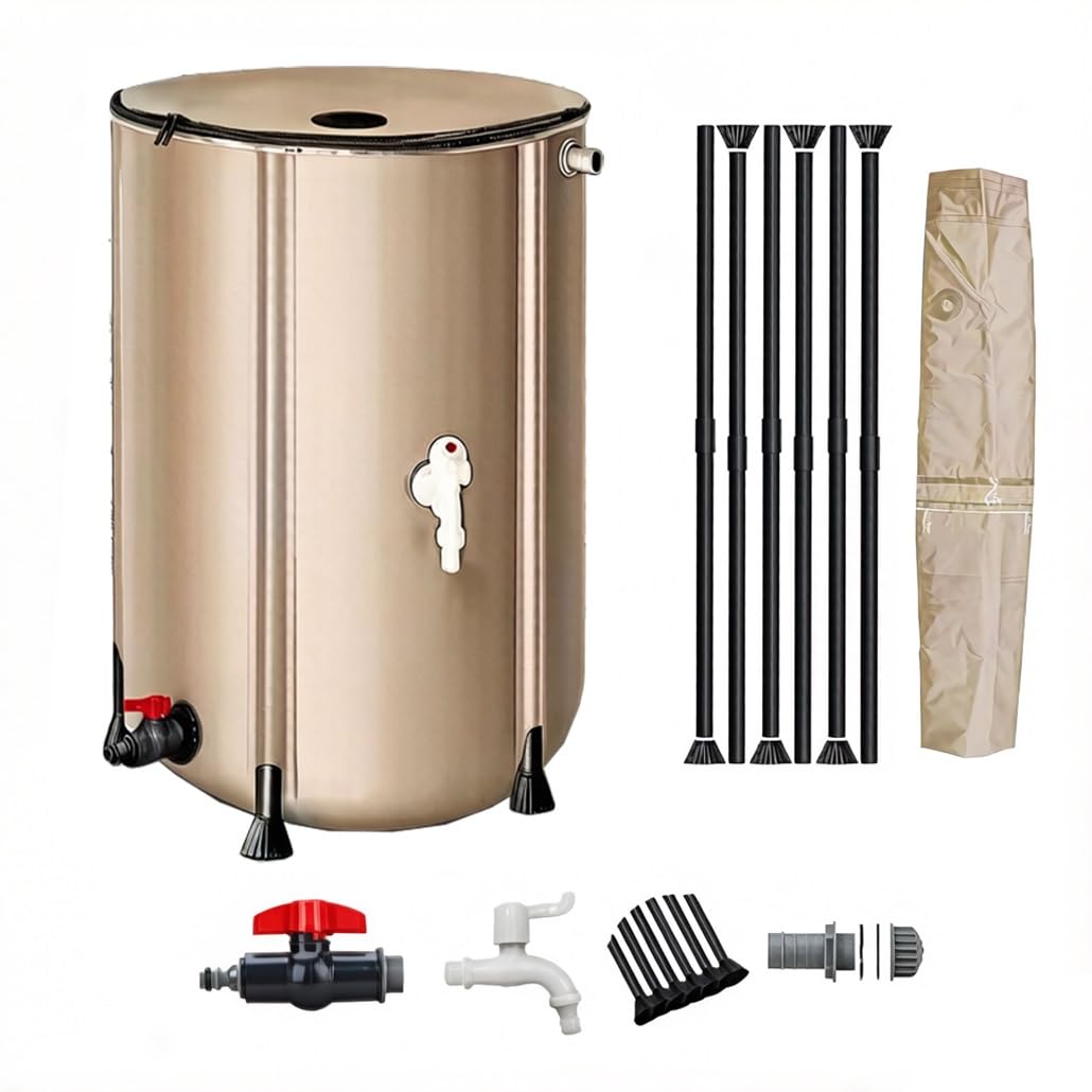 50-1000L Collapsible Garden Water Butt Rainwater Collection Barrel, Portable PVC Fluid Storage Container Tank with Tap Zip & Lid(Beige,0.6x0.7m/200L/52.8gal)