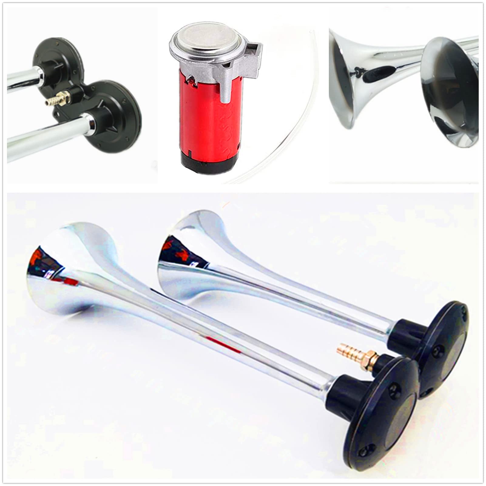 Klaxon de Voiture 150db 24V Haut-Parleur Chrome Zinc Argent Double Tube Trompette Avec Rouge Pompe à Air Pour Camion Bateau Moto