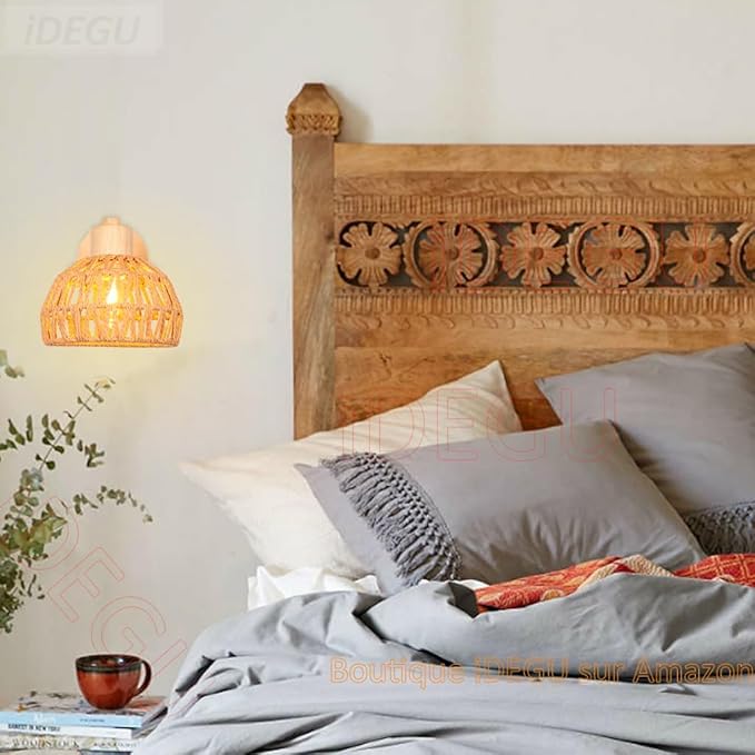 iDEGU iDEGU Set van 2 wandlampen voor binnen, 20 cm, verstelbaar, van hout en rotan, retro, E27, vintage wandlamp voor slaapkamer, woonkamer, hal, restaurant (bruin rotan) photo 3