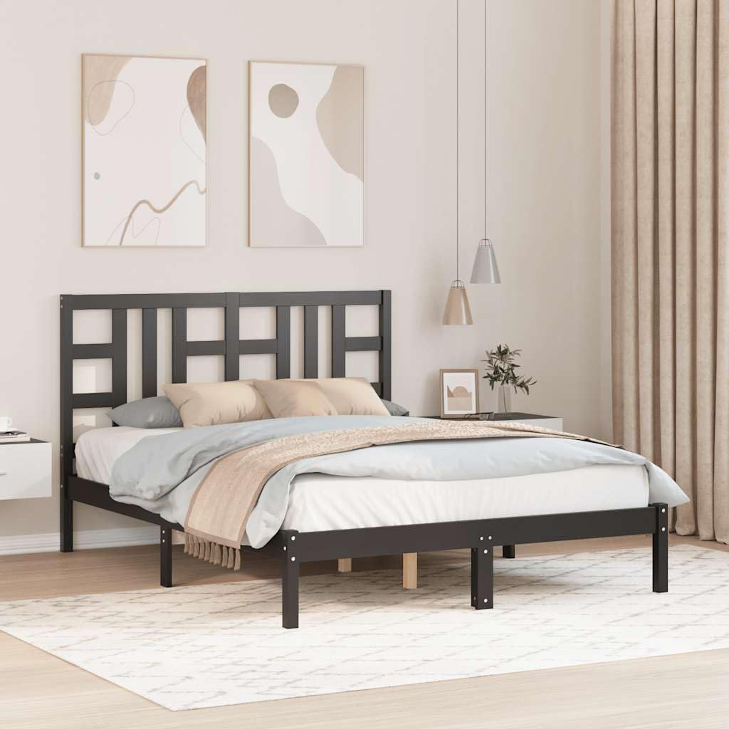 Lite drewno sosnowe Klasyczna rama z listwami Czarny 140x190 cm | Rama łóżka czarna lite drewno sosnowe 140x190 cm z zagłówkiem do sypialni