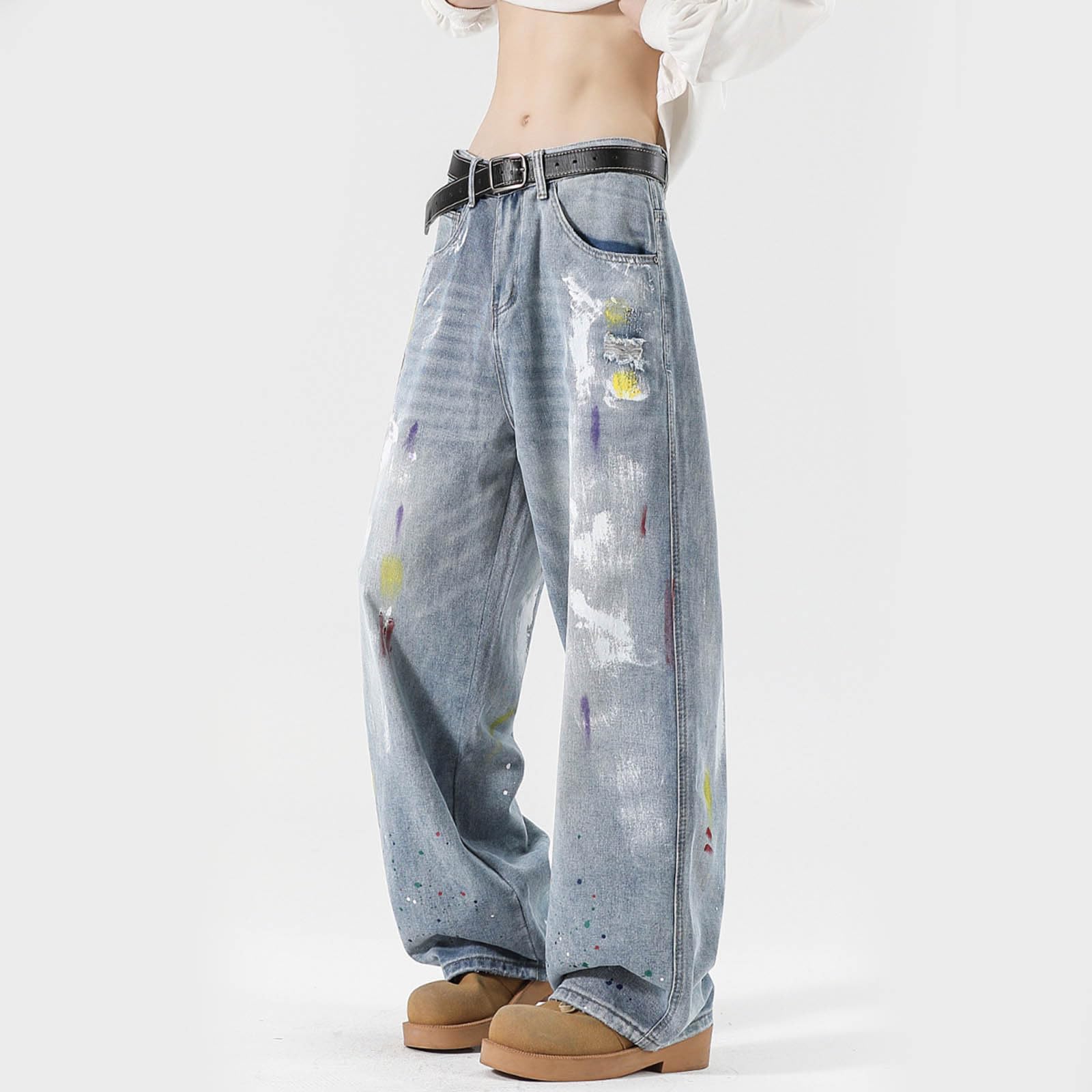 Generico Pantaloni Baggy Uomo Jeans Elefante Loose Zampa Larghi Moto Jins Slim Flare Invernali Fit Cargo Y2K Salopette Bootcut Balloon