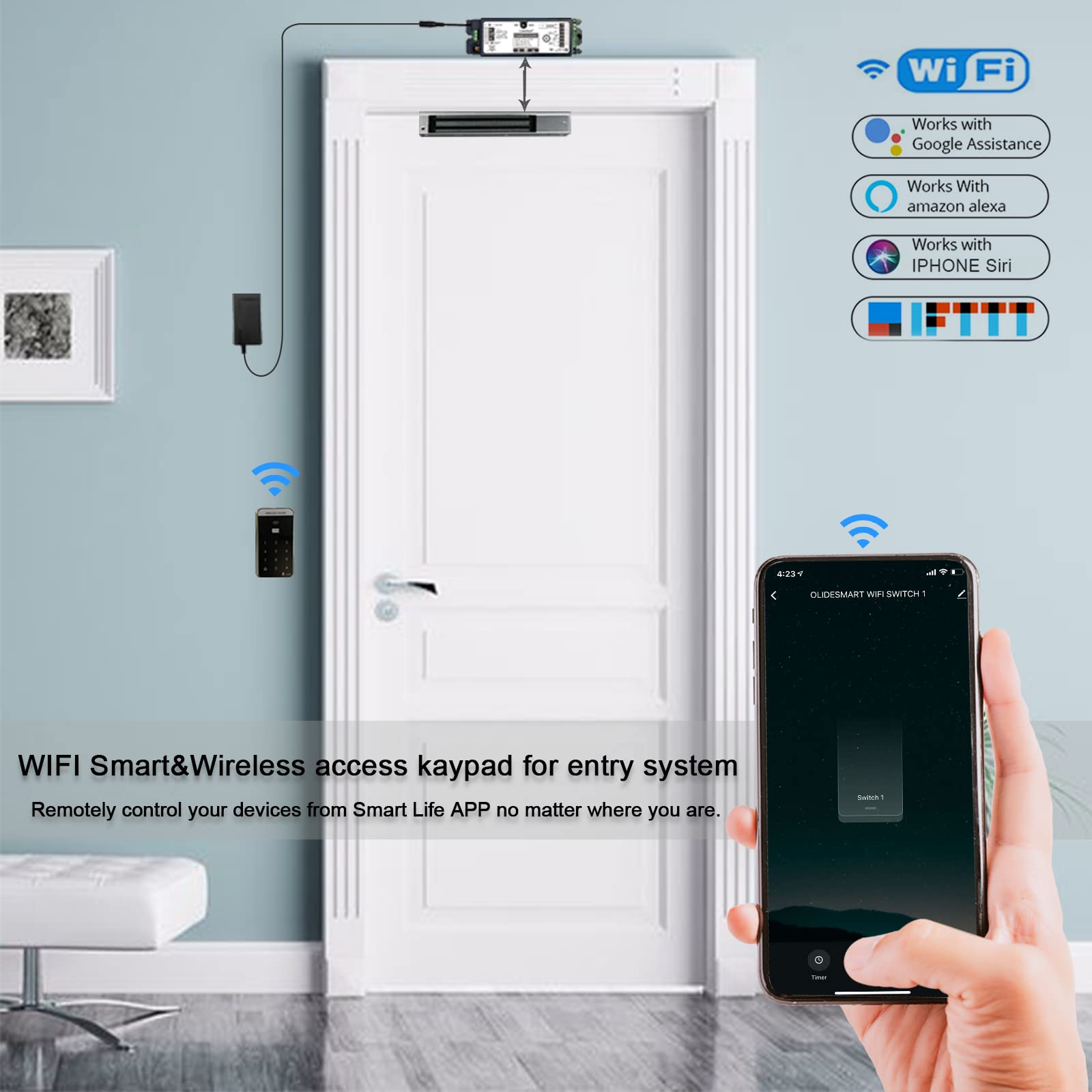 Olide 2.4GHz WiFi Control de acceso 300lb Holding Force Kit de sistema de bloqueo de puerta magnético eléctrico con control remoto y aplicaciones, emparejado con teclado de acceso de contraseña y