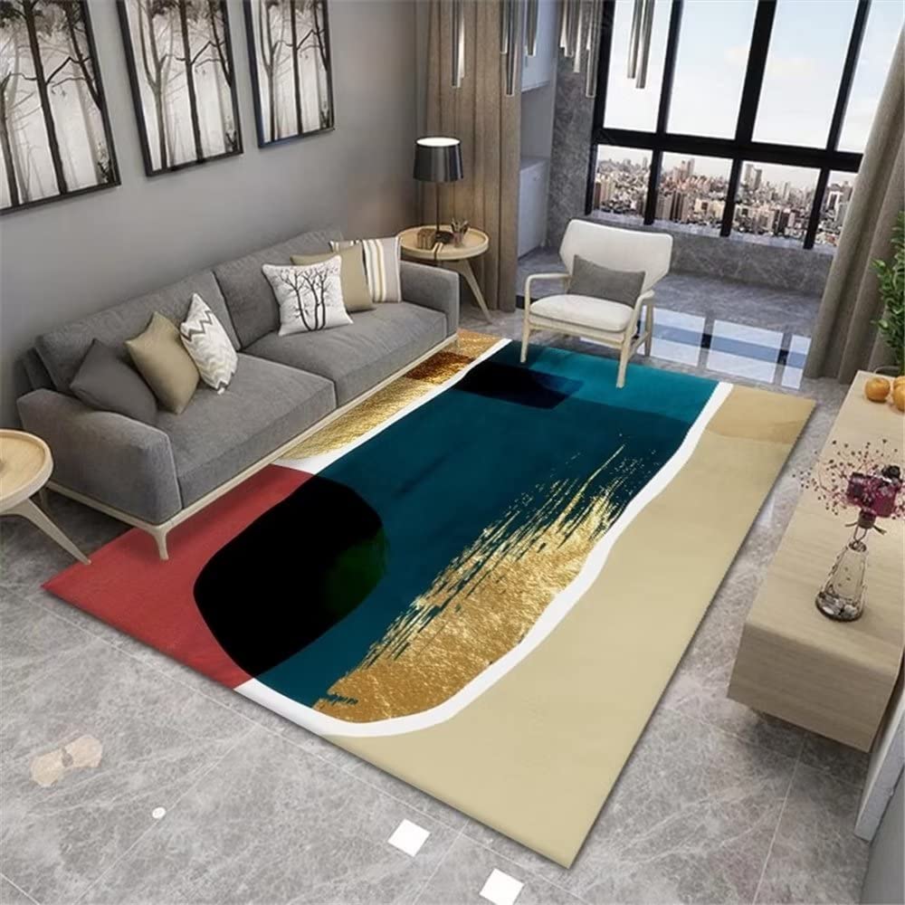 Tapis de salon bleu à rayures abstraites et durables pour salle à manger