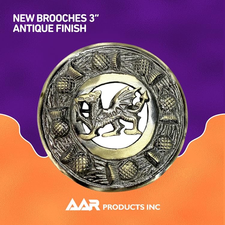 Antique Kilt Brooch for Men with Thistle Design Scottish Fly Plaid 3" (7cm) diameter - Image 3