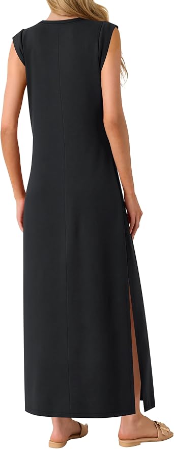 Maxi Dresses for Women Round Neck Sleeveless Casual Loose Split Long Beach Sundress 2025 Summer Dress with Pockets