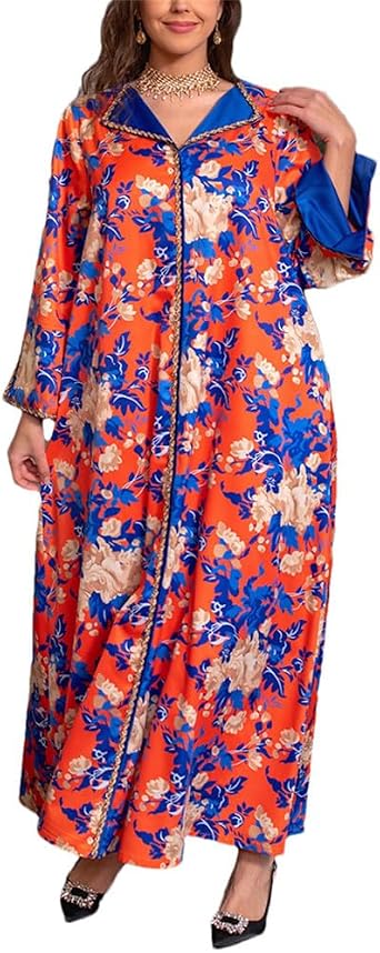 FULBHPRINT Dubai Abaya Luxury Muslim Women Diamond V Neck Long Dress Elegant Casual Floral Maxi Dress