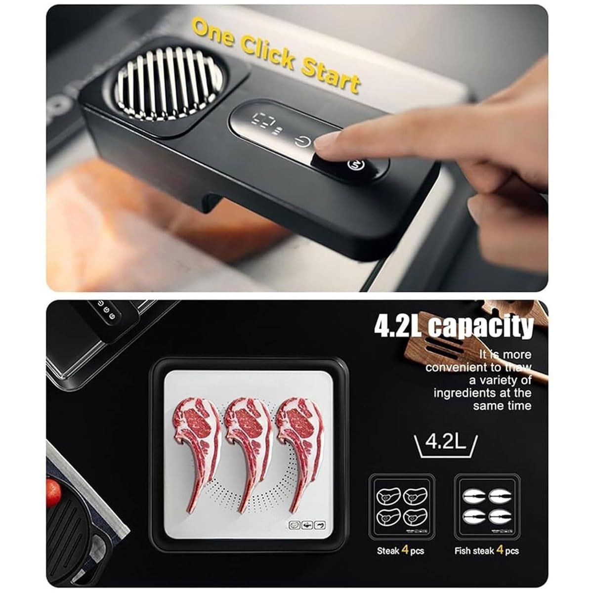 Tagliere elettrico per scongelare la carne da 4,2 l, con coperchio visivo, scatola intelligente ricaricabile per scongelare la carne con tecnologia Airflow, per bistecche, pollo, pesce, gamberi e