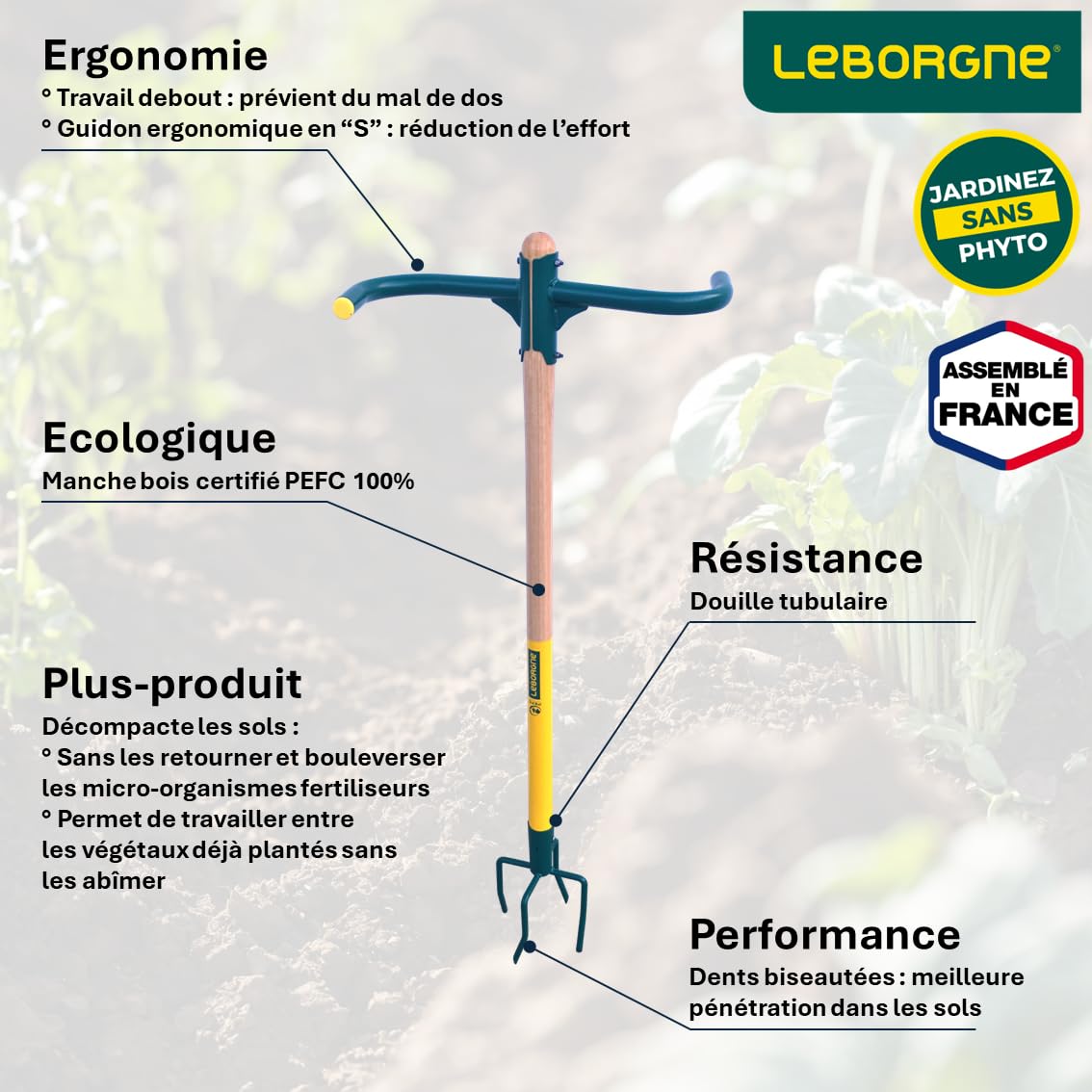 LEBORGNE - Rotogrif NaturOvert, Griffe Rotative 4 Dents - Manche en Bois PEFC 100% - Idéale pour la Préparation des Sols avant Culture - Outillage de Jardinage - coloris aléatoire