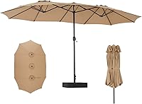DUMOS 15FT Rectangle Patio Umbrella with Base, Khaki - Extra Large 135 Sq Ft Shade for Deck, Backyard, Outdoor Table UV50+ Protection