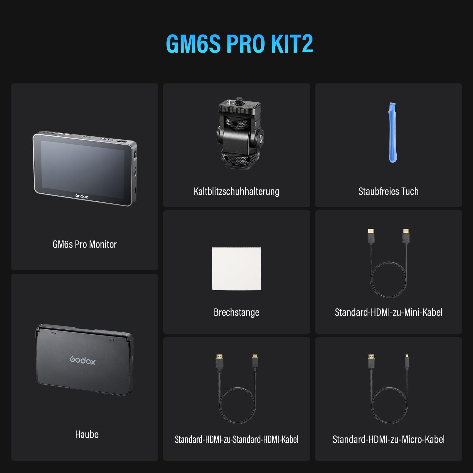 Godox GM6S Pro Kit2 5,5 pollici 2000 Nits Schermo inclinato telecomando Monitor Foto 4K HDMI DSLR Kamera Field Monitor 1920*1080 IPS Touch Control Visiera anti-ribaltamento,Cover gomma & più Cavi HDMI