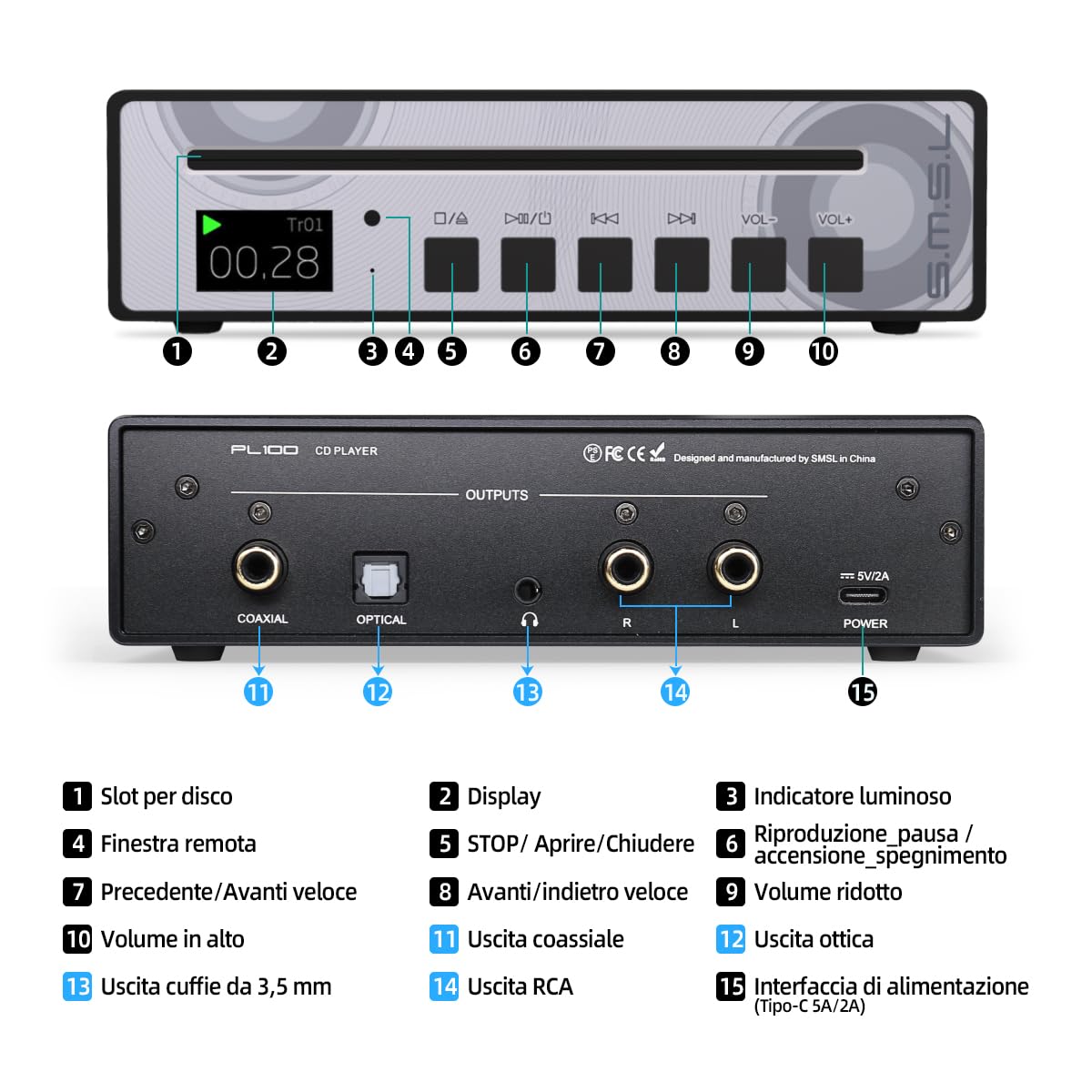 SMSL PL100 Lettore CD per casa, Chip CS43131, Supporto C D-R/C D-RW/MP3, Uscite RCA/3.5mm Cuffie Jack/Ottico/Coassiali Digitali (Nero)