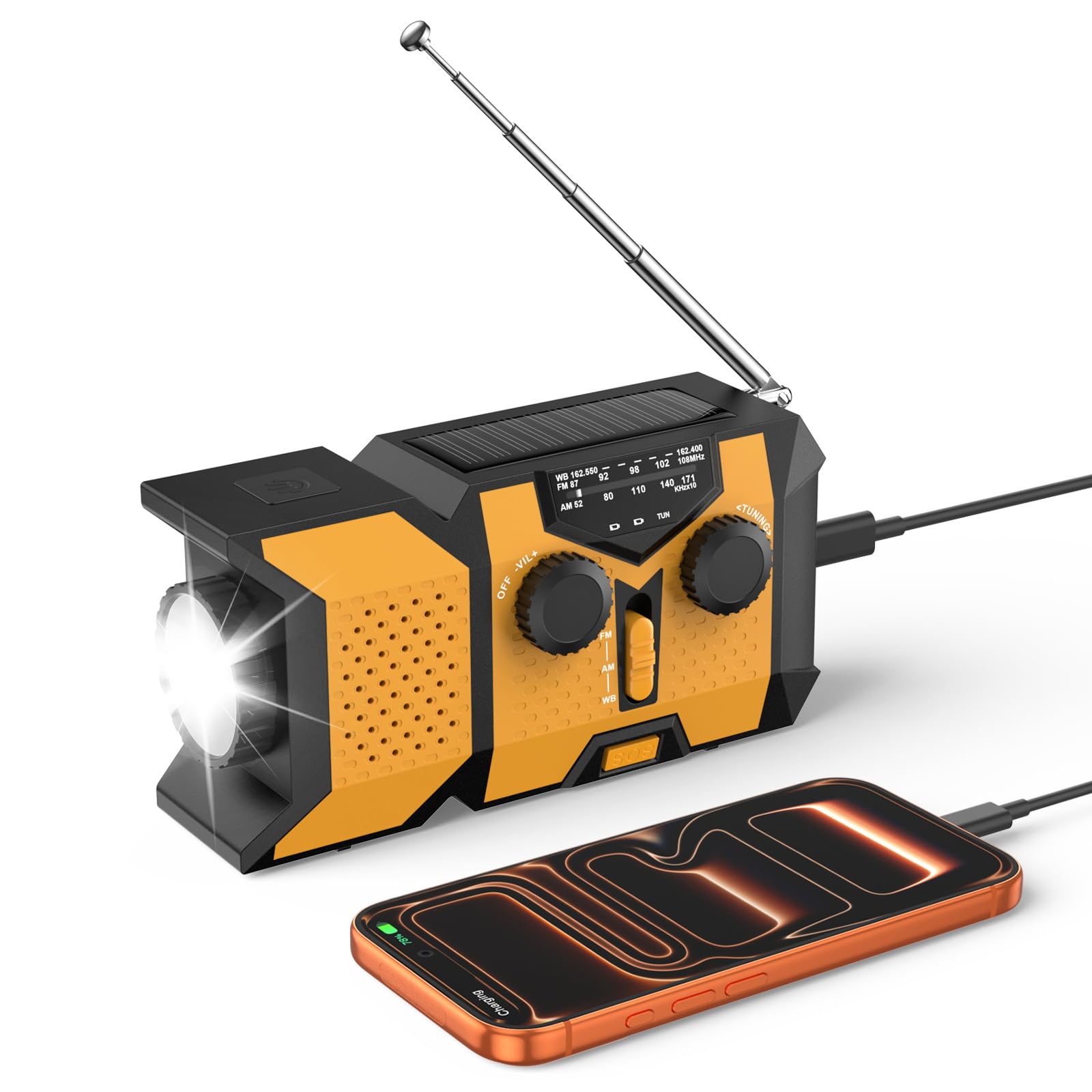 Radio Solaire D'urgence, 2000mAh Radio Dynamo Survie avec Lampe de Poche LED,Prend en Charge l'alarme SOS, la Radio AM/FM/WB, Radio à Manivelle Adaptée aux Situations D'urgence, au Camping, à la Survi