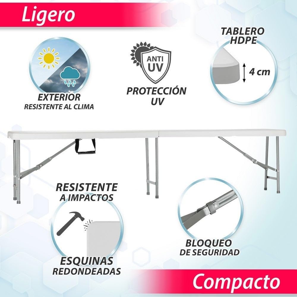 LOLAhome Set 2 Bancos Plegable, de Acero Anticorrosión y HDPE (De 181x26x42 cm) | Resistente, fácil Transporte, fácil Montaje | Ideal Acampadas, Picnic, Catering, Jardín, Terraza