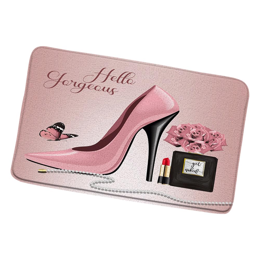 Flower Butterfly Bath Mat Hello Gorgeous Fashion Girl Black Perfume Bottle Lipstick Pink High Heel Rose Floral Romantic Lover Girls Bathroom Rugs