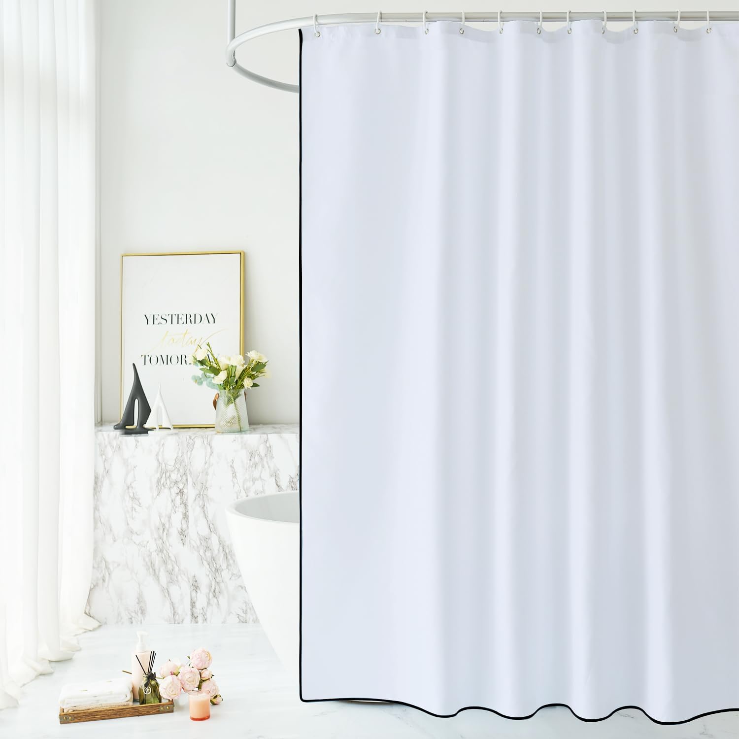 Faux Linen Fabric Cloth White Shower Curtain with Black Border Bathtub Curtain Boho Modern Shower Curtains for Bathroom and Hotel,72 x 72 Inches A4 White/Black 72"W x 72"L (Pack of 1)