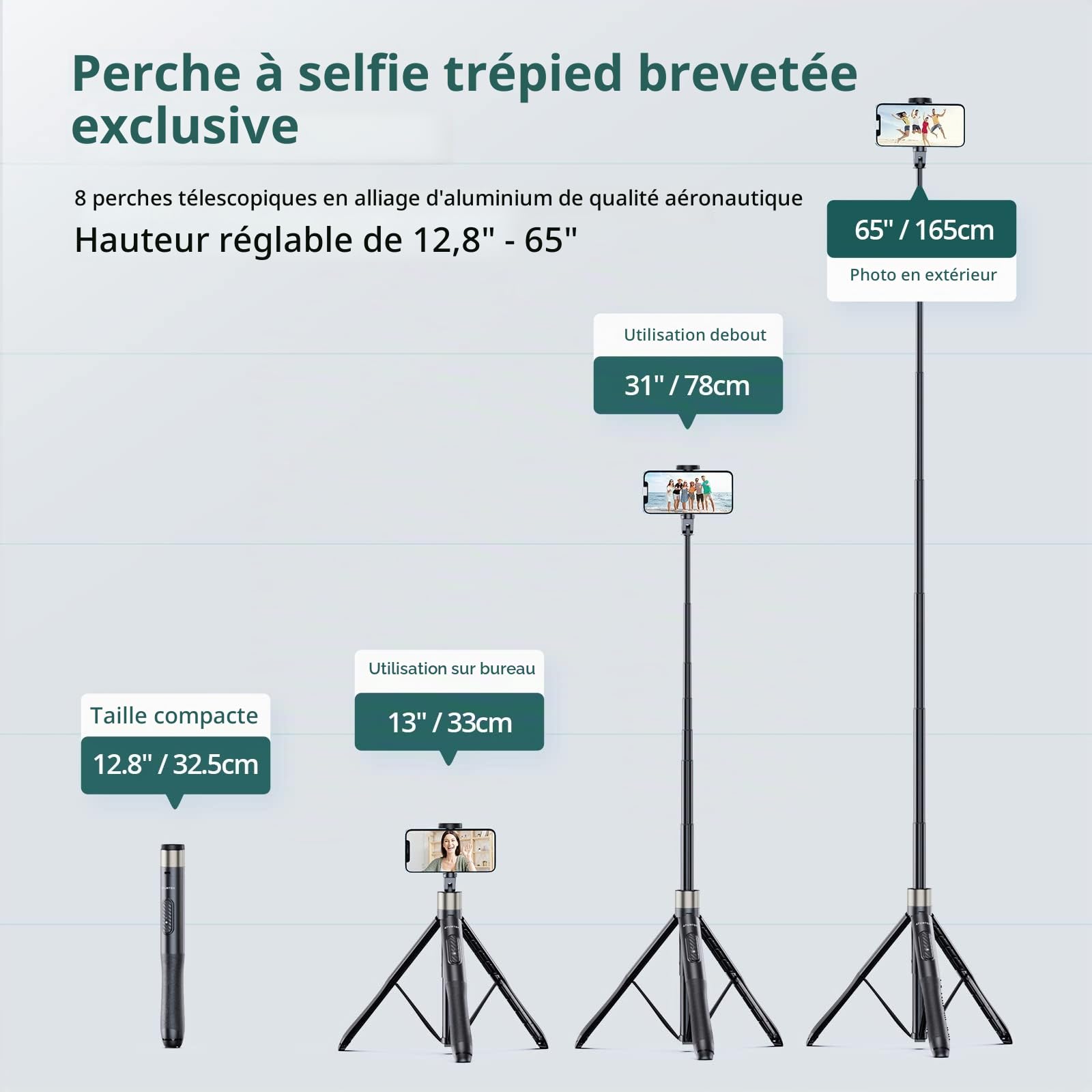 ATUMTEK 165cm Perche Selfie, Perche à Selfie avec Télécommande Bluetooth Amovible, Trepied Smartphone Extensible pour iPhone et Android, Enregistrement Vidéo, Blogage, Streaming en Direct, Noir