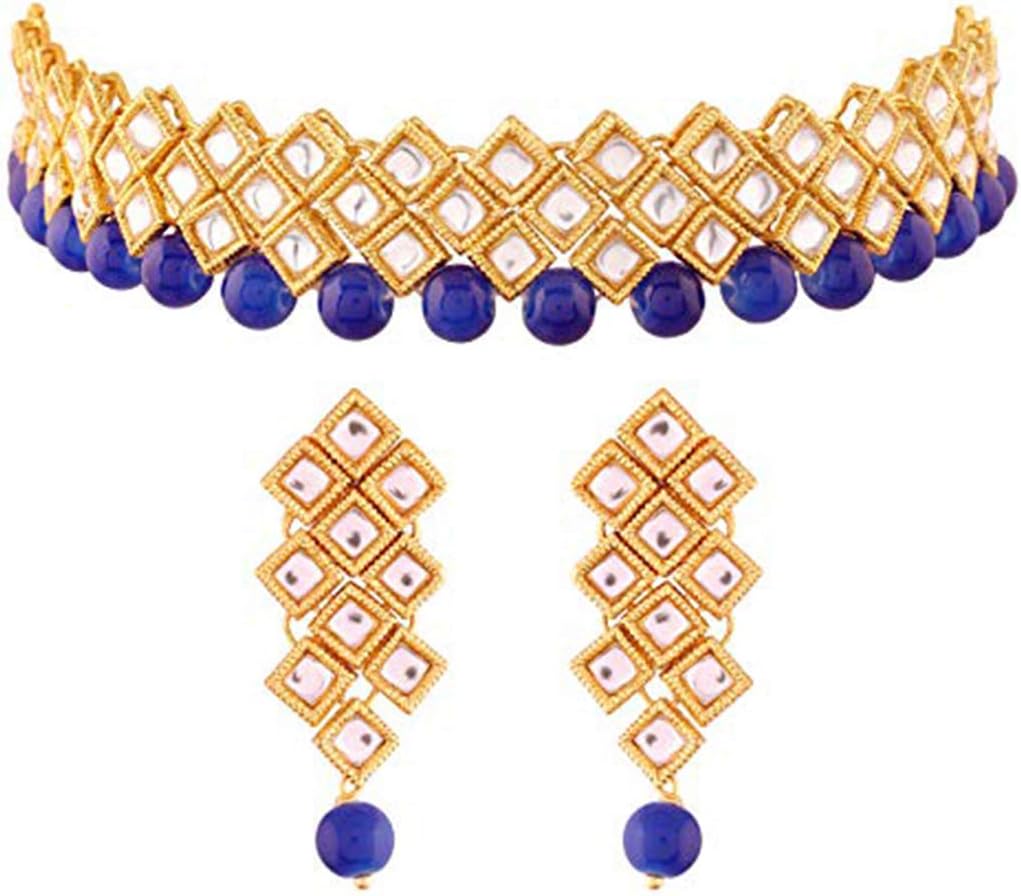 Aheli Elegant Indian Faux Kundan Studded Necklace Earring Set Bollywood Wedding Party Wear Ethnic Fashion Jewelry for Women