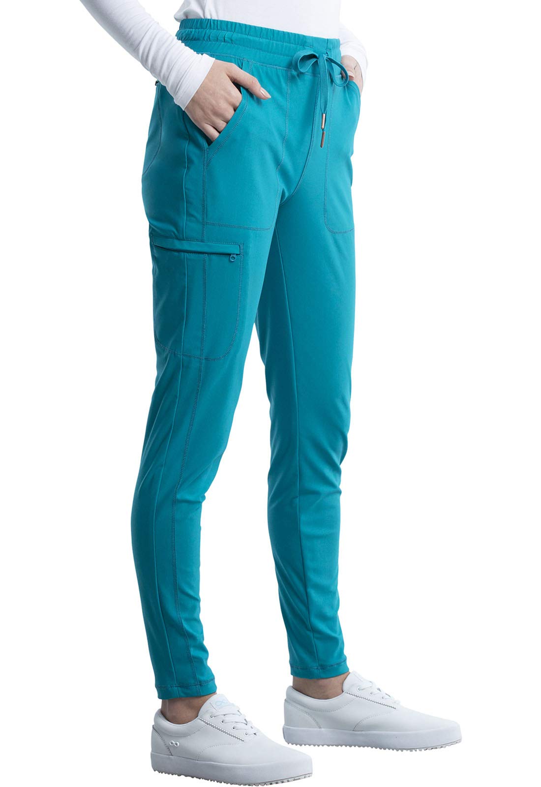 Cherokee Conjunto de uniforme médico para mujer, 7 bolsillos, cuello en V, dobladillo curvado CK840 y pantalón de pierna cónica de tiro medio CK095, azul caribeño, parte superior XXS y pantalón XS