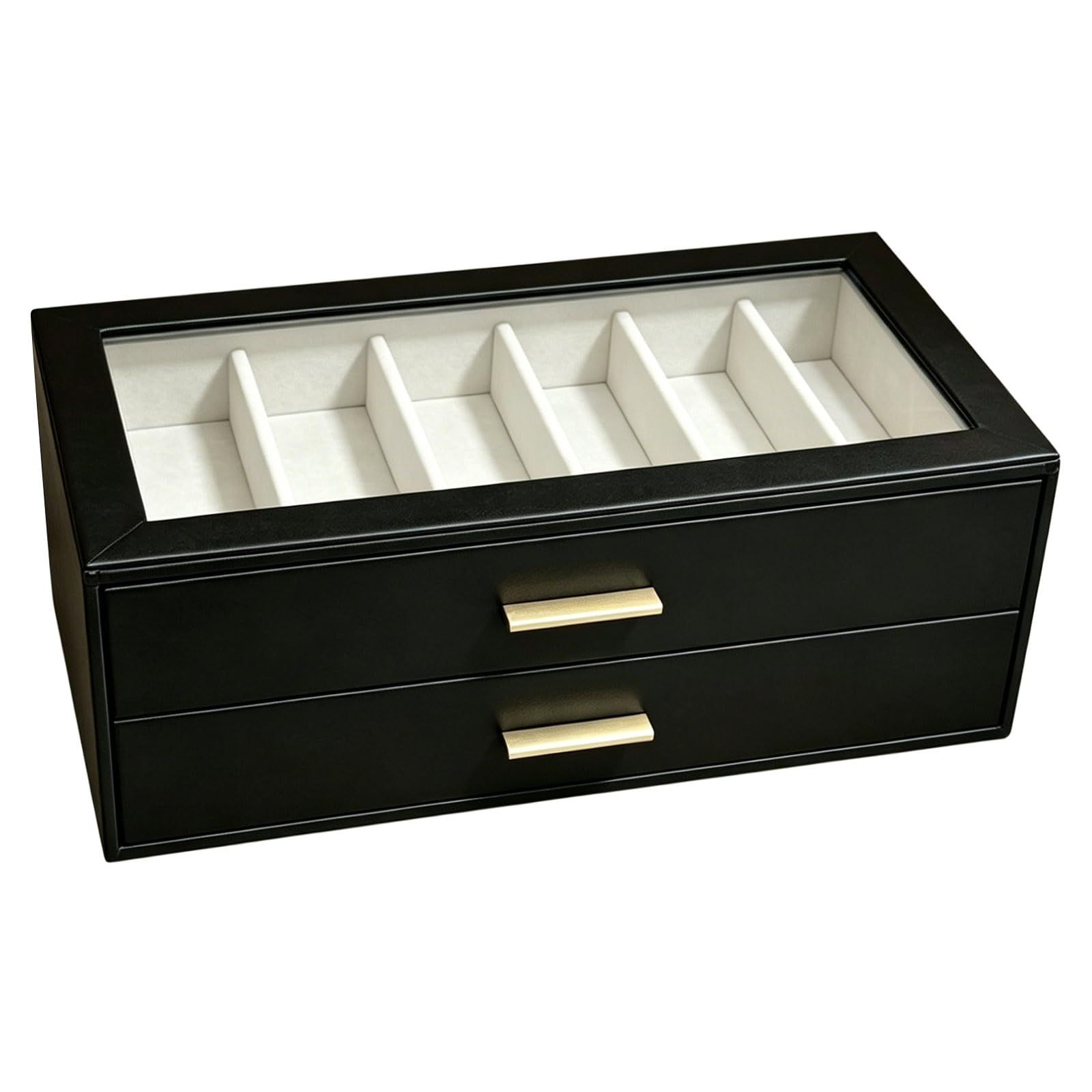 ZEPFJHE Premium Eyeglass Storage Box with 2 Tiers Drawers Sturdy Sunglasses Display Case for Easy Access and Clutter Release Organization Metal Handle Sunglasses Organizer