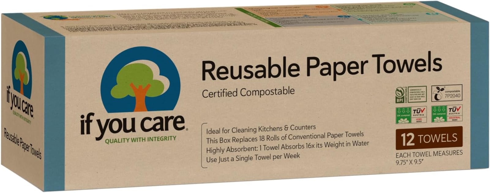 If You Care Reusable Paper Towels– 12 CT Sheets – 100% Natural, Compostable Cleaning Cloths for Kitchen, Bathroom, Home Countertop Surfaces – Extra Absorbent, Eco Friendly