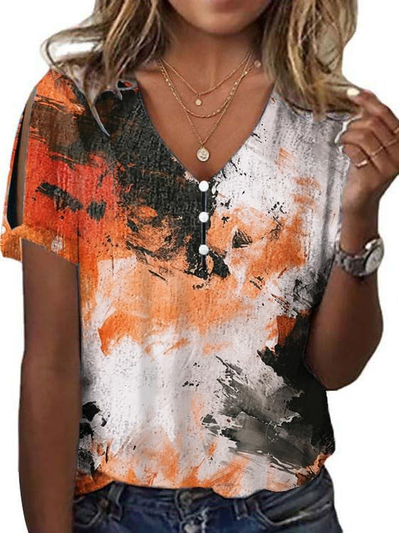 domirica Boho Blouses for Women 2024 Gradient Marble Print Short Sleeve V Neck Cold Shoulder Tops Casual Loose Tunic Tops