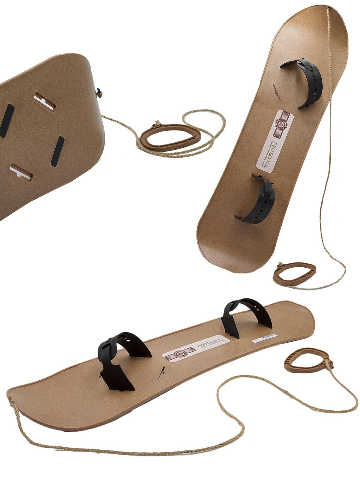 MOLTI PRO ECO Wood Snowboard pour enfants à partir de 5 ans avec fixations et corde de traction 80 x 23 cm - Luge pour premier entraînement