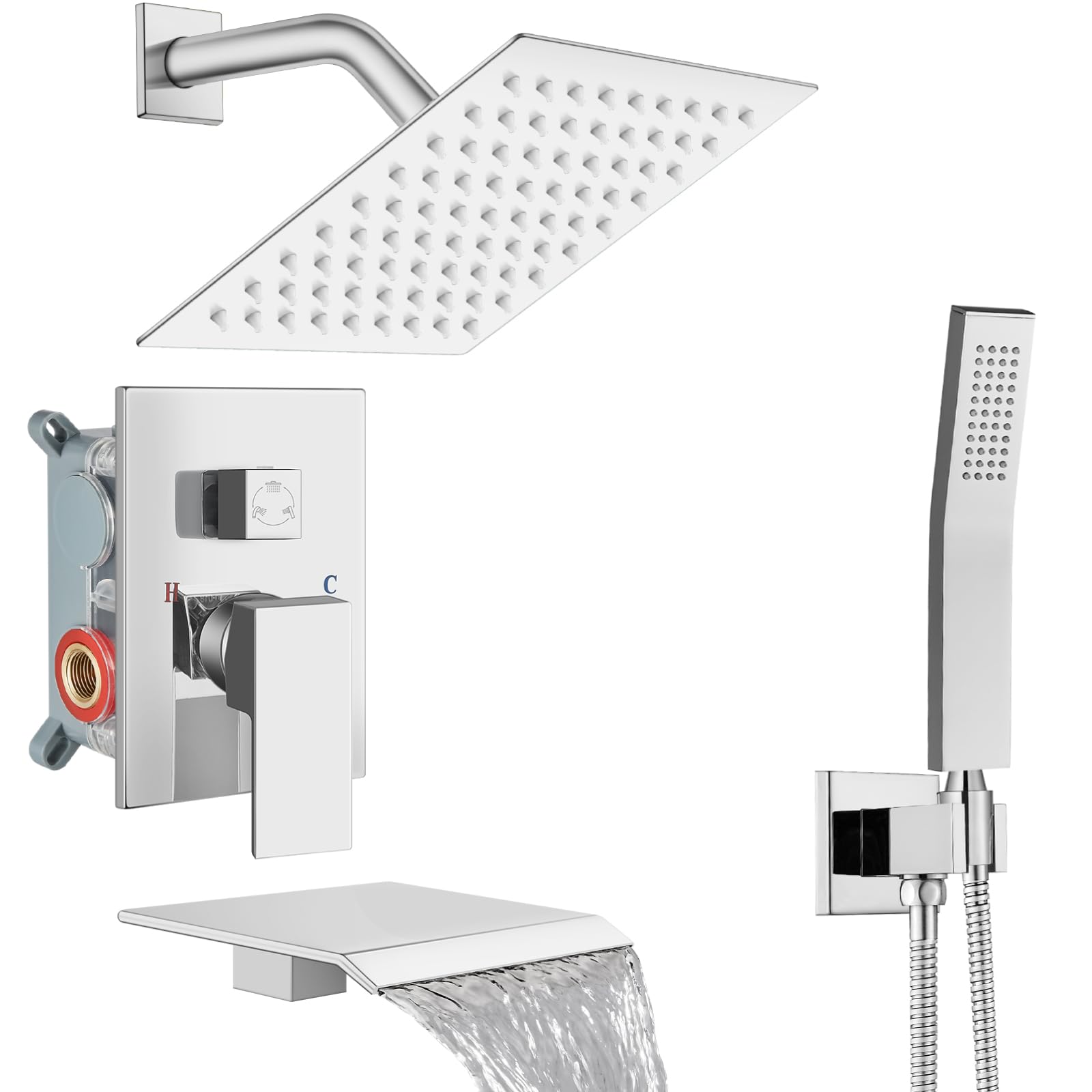 Sxithgkdw Polish Chrome Shower System With Tub Spout,Bathtub Shower Faucet Set With Square Rainfall Head And Handheld Sprayer Wall Mount Tub Faucet Set With Valve And Trim Kit,8 Inch