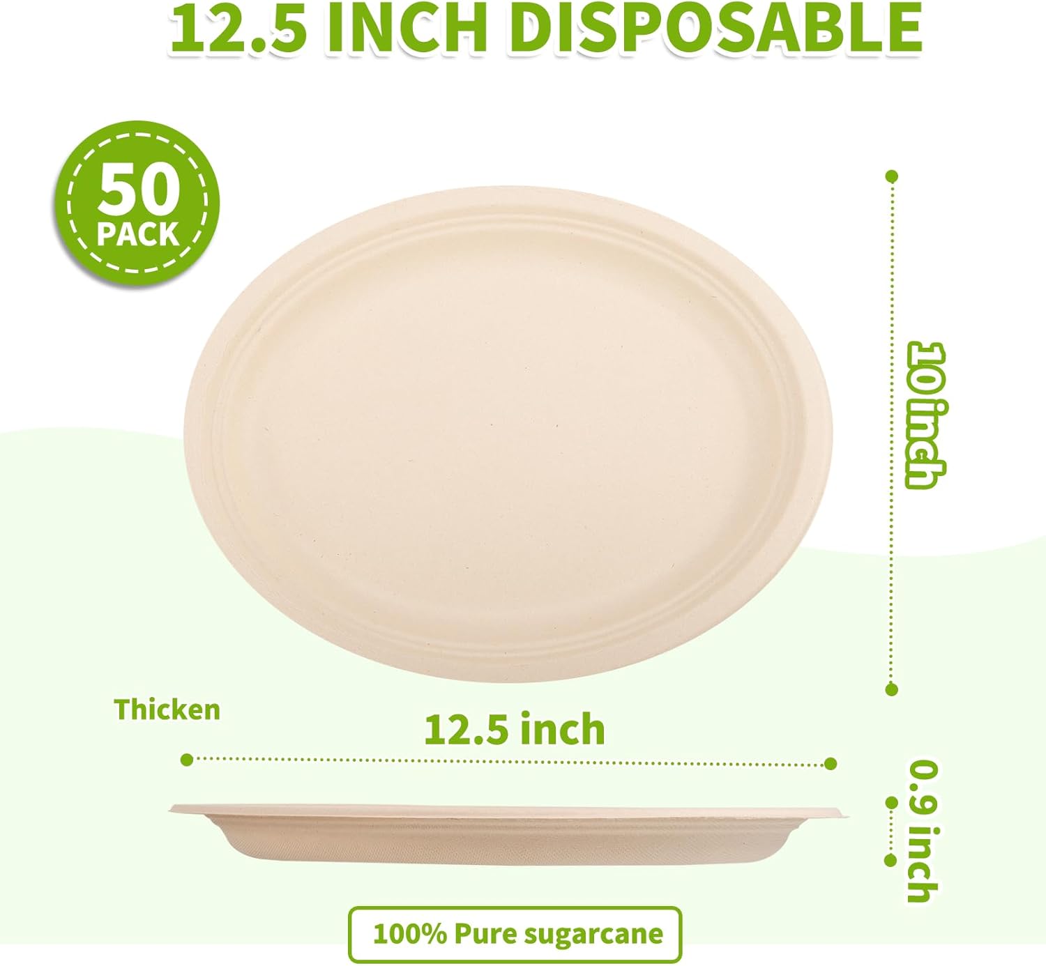 12.5 Inch Oval Paper Plates,50 Pack Disposable Paper Plates,Heavy Duty Disposable Oval Paper Dinner Plates,Large Oval Paper Plates for Party,Picnic,Compostable Biodegradable,Thicken (Brown)