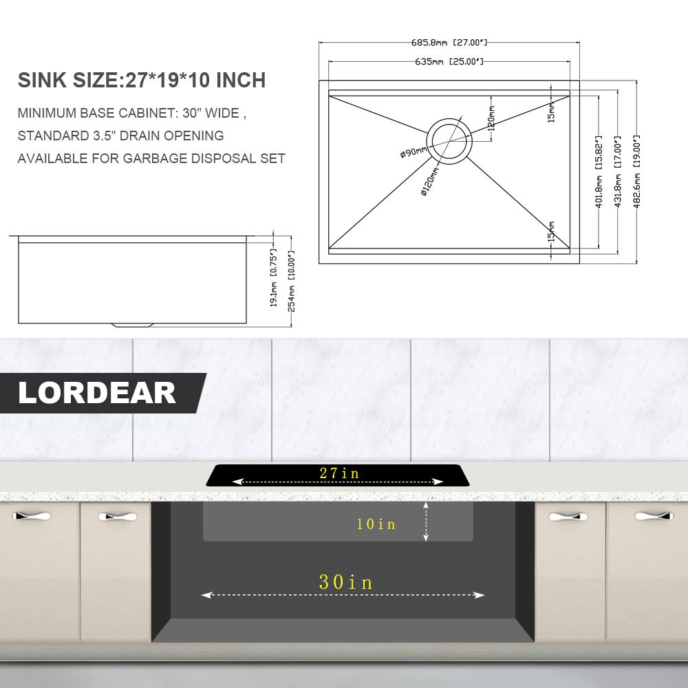 27 Undermount Sink - Lordear 27 inch Kitchen Sink Ledge Workstation Undermount 16 Gauge Deep Single Bowl Stainless Steel Undermount Sink Basin