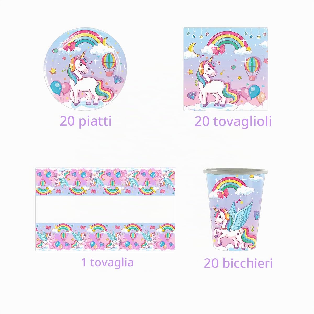 61 pezzi di stoviglie per feste unicorno, Set di decorazioni per la stoviglie della festa di compleanno dei bambini, Per battesimi e anniversari, per 20 persone
